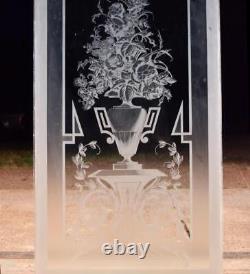 51 Tall Antique French Etched Glass Windows Frosted Glass with Flowers and Vase