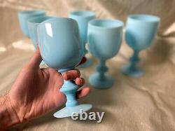 8 Goblets Portieux Vallerysthal PV French Antique Blue Opaline Milk Glass
