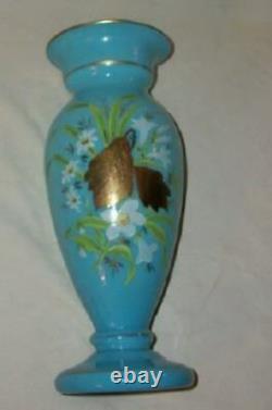 ANTIQUE FRENCH BLUE OPALINE VASE LARGE HP FLORAL GILT LEAVES PONTIL MARK 1890s