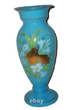 ANTIQUE FRENCH BLUE OPLALINE GLASS VASE 1890s HP ENAMELED FLOWERS GILT PONTIL