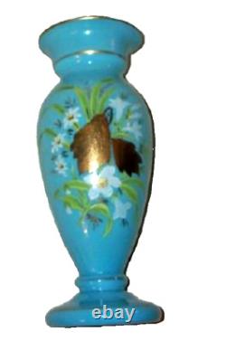ANTIQUE FRENCH BLUE OPLALINE GLASS VASE 1890s HP ENAMELED FLOWERS GILT PONTIL
