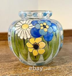 ANTIQUE FRENCH ENAMELED GLASS VASE ART DECO ADRIEN MAZOYER Signed Floral