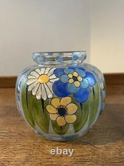 ANTIQUE FRENCH ENAMELED GLASS VASE ART DECO ADRIEN MAZOYER Signed Floral