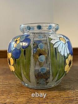 ANTIQUE FRENCH ENAMELED GLASS VASE ART DECO ADRIEN MAZOYER Signed Floral