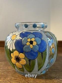 ANTIQUE FRENCH ENAMELED GLASS VASE ART DECO ADRIEN MAZOYER Signed Floral
