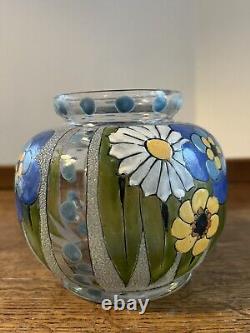 ANTIQUE FRENCH ENAMELED GLASS VASE ART DECO ADRIEN MAZOYER Signed Floral