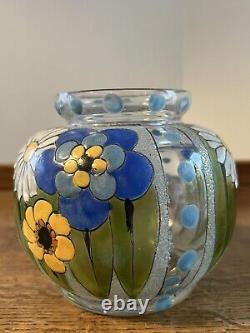 ANTIQUE FRENCH ENAMELED GLASS VASE ART DECO ADRIEN MAZOYER Signed Floral