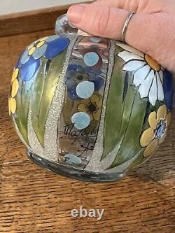 ANTIQUE FRENCH ENAMELED GLASS VASE ART DECO ADRIEN MAZOYER Signed Floral