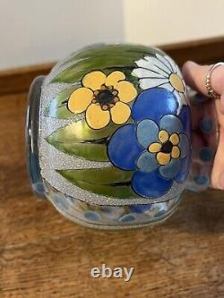 ANTIQUE FRENCH ENAMELED GLASS VASE ART DECO ADRIEN MAZOYER Signed Floral