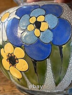 ANTIQUE FRENCH ENAMELED GLASS VASE ART DECO ADRIEN MAZOYER Signed Floral