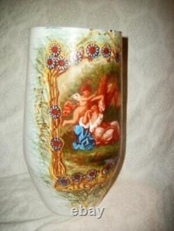 ANTIQUE FRENCH HP MILK GLASS ROMANTIC LADY CHERUB VASE LARGE EARLY 1900s