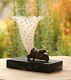 ANTIQUE FRENCH OPALINE GLASS & BRONZE RAMS HEAD CORNUCOPIA VASE MARBLE BASE af