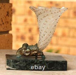 ANTIQUE FRENCH OPALINE GLASS & BRONZE RAMS HEAD CORNUCOPIA VASE MARBLE BASE af