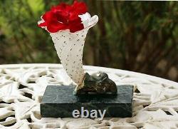ANTIQUE FRENCH OPALINE GLASS & BRONZE RAMS HEAD CORNUCOPIA VASE MARBLE BASE af