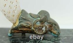 ANTIQUE FRENCH OPALINE GLASS & BRONZE RAMS HEAD CORNUCOPIA VASE MARBLE BASE af