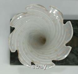 ANTIQUE FRENCH OPALINE GLASS & BRONZE RAMS HEAD CORNUCOPIA VASE MARBLE BASE af