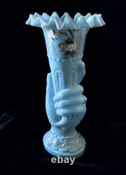 ANTIQUE French OPALINE GLASS HAND VASE Blue milk glass cornucopia Victorian 9