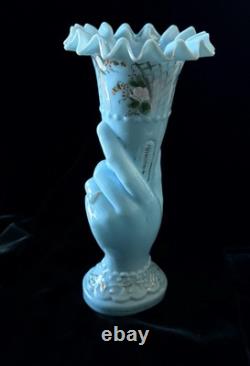 ANTIQUE French OPALINE GLASS HAND VASE Blue milk glass cornucopia Victorian 9
