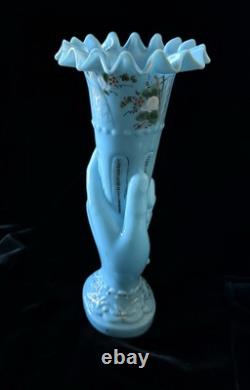 ANTIQUE French OPALINE GLASS HAND VASE Blue milk glass cornucopia Victorian 9