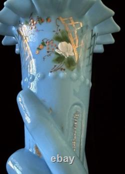 ANTIQUE French OPALINE GLASS HAND VASE Blue milk glass cornucopia Victorian 9