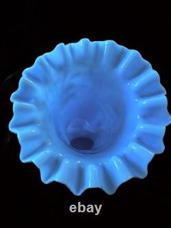 ANTIQUE French OPALINE GLASS HAND VASE Blue milk glass cornucopia Victorian 9