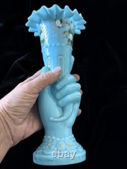ANTIQUE French OPALINE GLASS HAND VASE Blue milk glass cornucopia Victorian 9