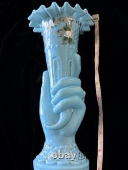 ANTIQUE French OPALINE GLASS HAND VASE Blue milk glass cornucopia Victorian 9