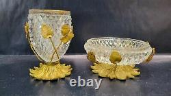 ANTIQUE SMALL FRENCH BRASS ORMOLU GLASS VASE and DISH