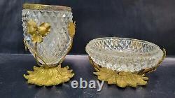 ANTIQUE SMALL FRENCH BRASS ORMOLU GLASS VASE and DISH