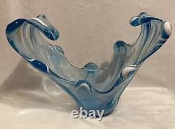 ANTIQUE VINTAGE BLUE & WHITE SWIRLED GLASS VASE BOWL French or Scandinavian RARE