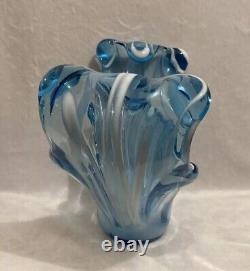 ANTIQUE VINTAGE BLUE & WHITE SWIRLED GLASS VASE BOWL French or Scandinavian RARE