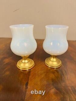 A Pair of Vintage French Opaline Glass and Gilt Metal Bud Vases