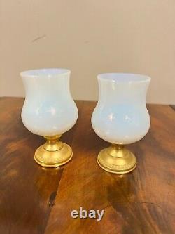 A Pair of Vintage French Opaline Glass and Gilt Metal Bud Vases