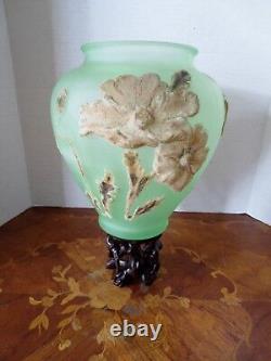 A Vintage French Art- Glass Green Vase with Raised Flowers