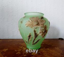 A Vintage French Art- Glass Green Vase with Raised Flowers