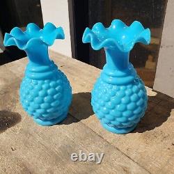 A pair of Antique French Hobnail Blue Opaline Vases
