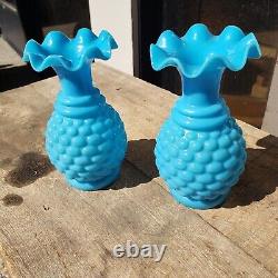 A pair of Antique French Hobnail Blue Opaline Vases