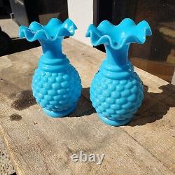 A pair of Antique French Hobnail Blue Opaline Vases