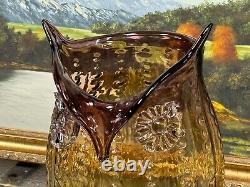 Amazing and BIG 13.5 French Art Verre Artisanal Glass Amber Owl Vase