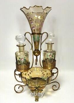 Antiq French PERFUME Bottle Caddy Enamel Glass Epergne VASE Ormolu WATCH HOLDER