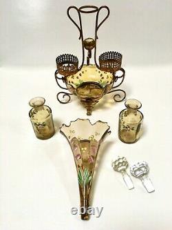 Antiq French PERFUME Bottle Caddy Enamel Glass Epergne VASE Ormolu WATCH HOLDER