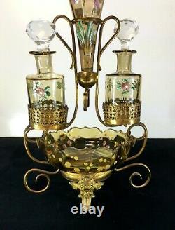 Antiq French PERFUME Bottle Caddy Enamel Glass Epergne VASE Ormolu WATCH HOLDER