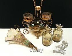 Antiq French PERFUME Bottle Caddy Enamel Glass Epergne VASE Ormolu WATCH HOLDER