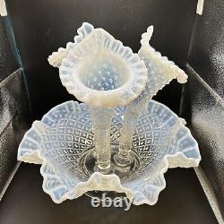 AntiquFenton Art Glass White Opalescent Diamond Lace Ruffled 3 Horn Epergne Vase