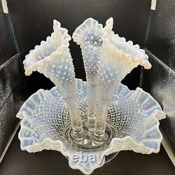 AntiquFenton Art Glass White Opalescent Diamond Lace Ruffled 3 Horn Epergne Vase