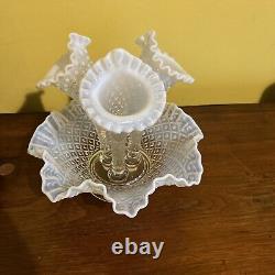 AntiquFenton Art Glass White Opalescent Diamond Lace Ruffled 3 Horn Epergne Vase