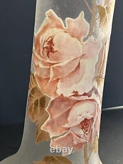Antique 15.5 Tall Signed Mont Joye French Art Glass Vase Enamel Pink Roses Gilt
