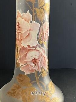 Antique 15.5 Tall Signed Mont Joye French Art Glass Vase Enamel Pink Roses Gilt