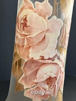 Antique 15.5 Tall Signed Mont Joye French Art Glass Vase Enamel Pink Roses Gilt