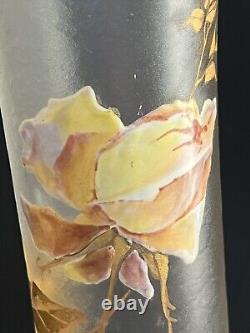 Antique 15.5 Tall Signed Mont Joye French Art Glass Vase Enamel Pink Roses Gilt